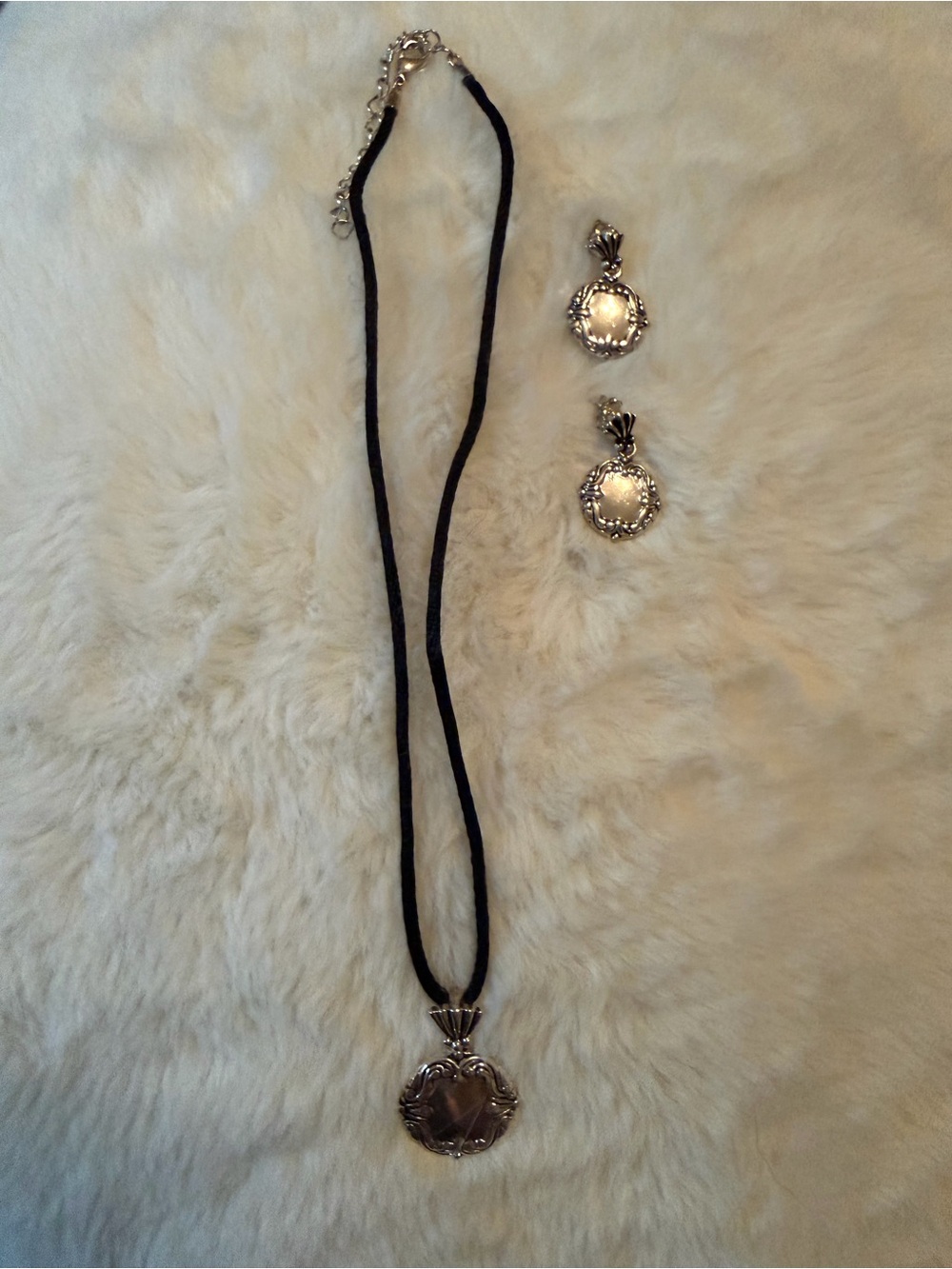 Silver-Tone Pendant Necklace and Earrings Set - Black Cord